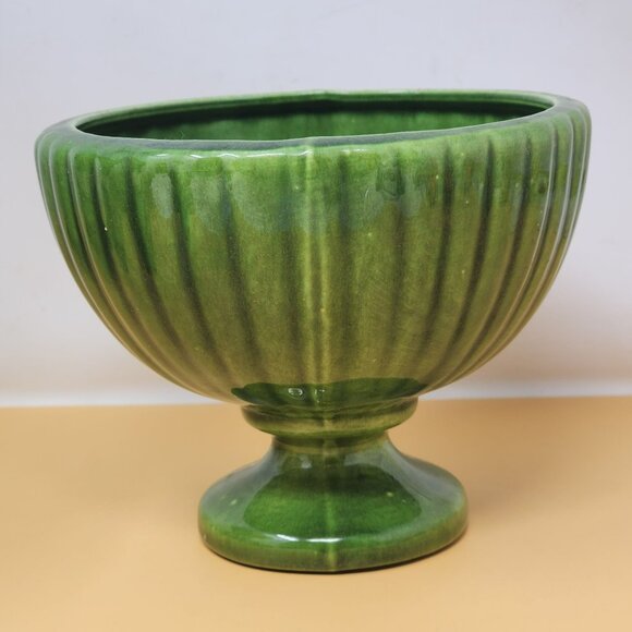 Vintage Green Speckled Haeger USA Ribbed Ceramic Pedestal Footed Bowl - Picture 2 of 8